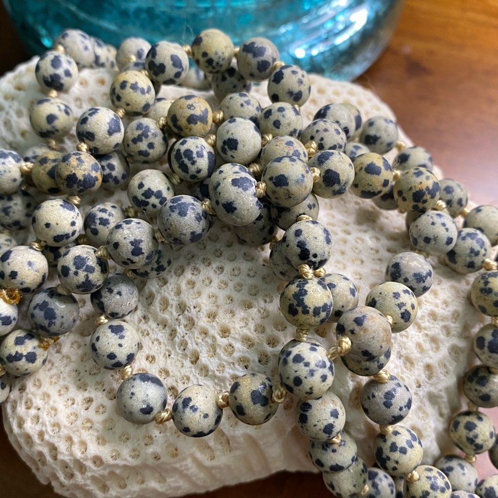 Dalmatian natural stone long necklace, 60” and endless styling options